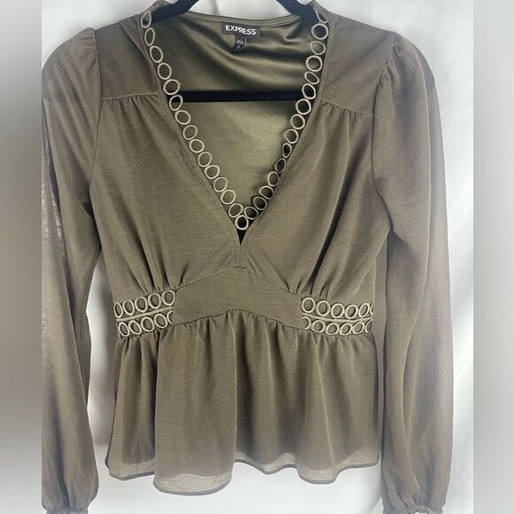 Express Peplum top brown olive green blouse long sheer sleeves v-neck sz XS - Picture 7 of 8